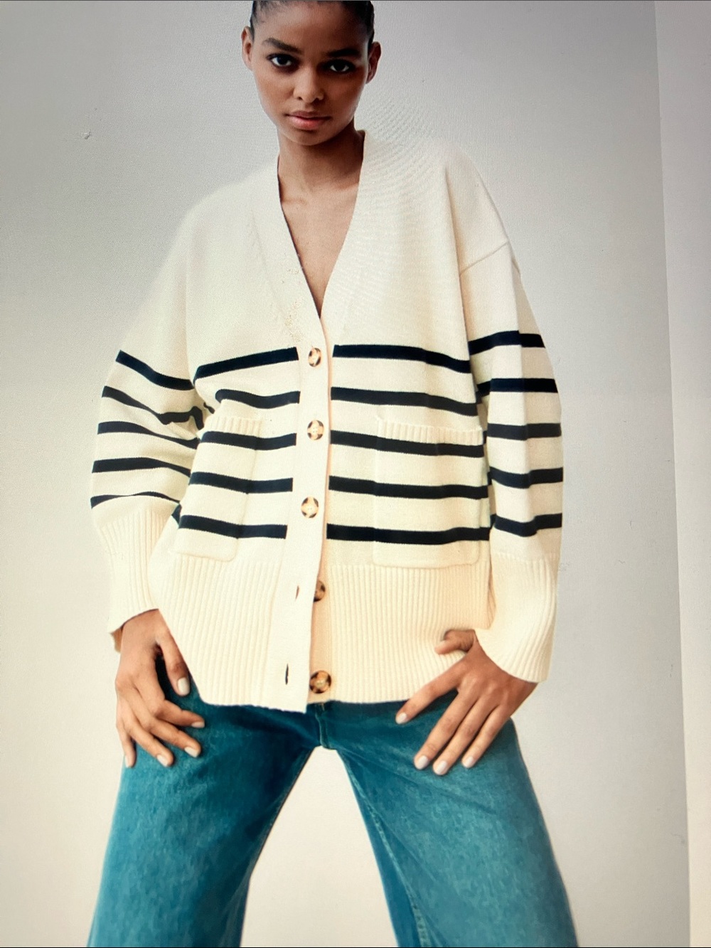 Sonoma Cream Cardigan with Navy Stripes